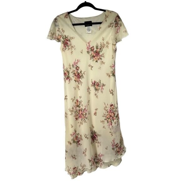 Vintage 90’s Pale Yellow‎ Pink Rose Print Flutter Sleeve Asymmetrical Hem Dress - Picture 1 of 7